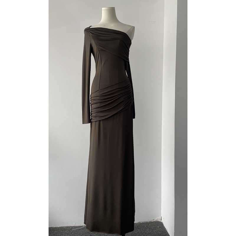 One Shoulder Ruch Maxi Dress With Sleeves for Women in brown, long evening dress with ruching.