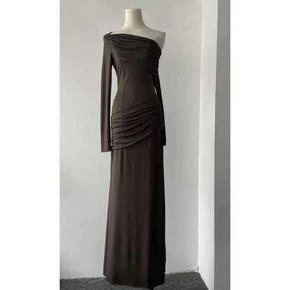 One Shoulder Ruch Maxi Dress With Sleeves for Women in brown, long evening dress with ruching.