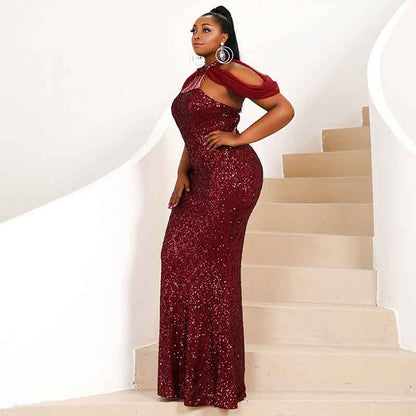 Plus Size Party Dress Sequin Burgundy Maxi Formal Dress Prom Gowns