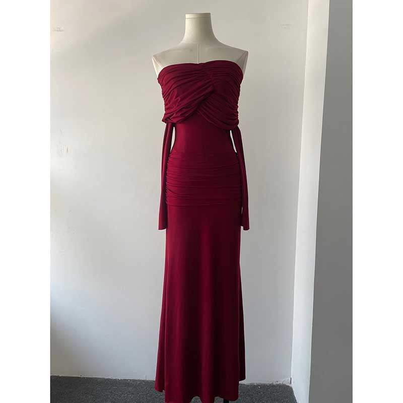 Off Shoulder Ruch Maxi Dress With Sleeves for Women
