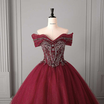 Crystal Tulle Ball Gown Wedding Dress Off-Shoulder Princess Dresses