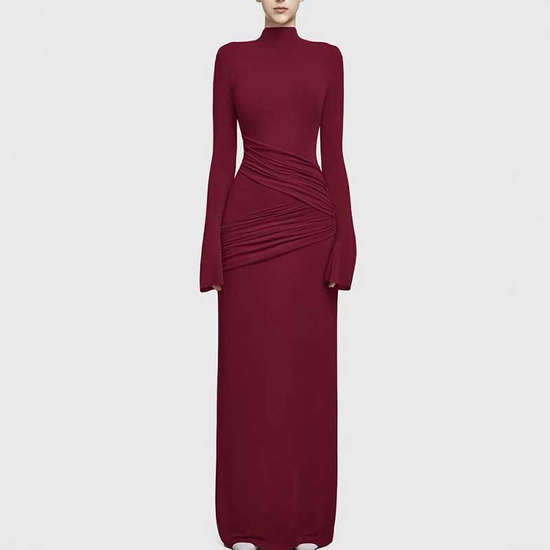 Ruch Bodycon Long Sleeve Maxi Dress Long Evening Dresses in burgundy with ruching detail and long sleeves