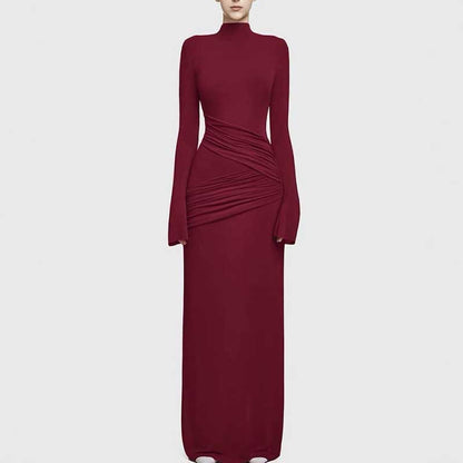 Ruch Bodycon Long Sleeve Maxi Dress Long Evening Dresses in burgundy with ruching detail and long sleeves
