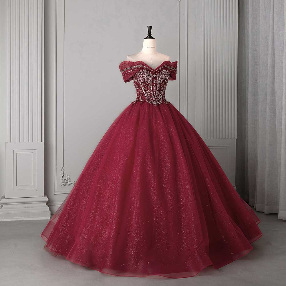 Crystal Tulle Ball Gown Wedding Dress Off-Shoulder Princess Dresses