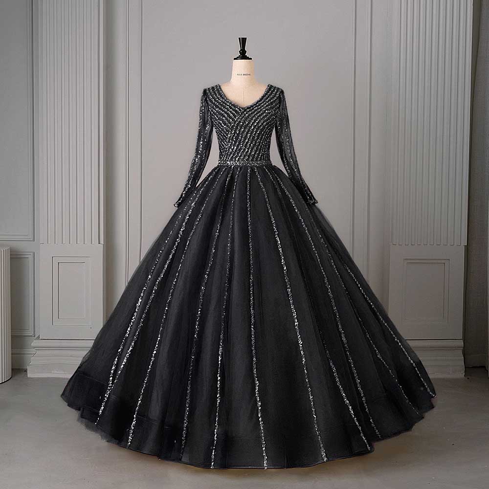 Long Sleeve Beaded Ball Gown V-Neck Formal Gowns