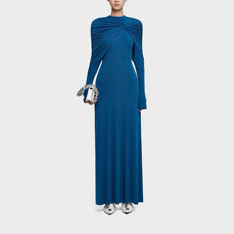 Raw Edge Detail Ruched Maxi Dress Long Sleeves
