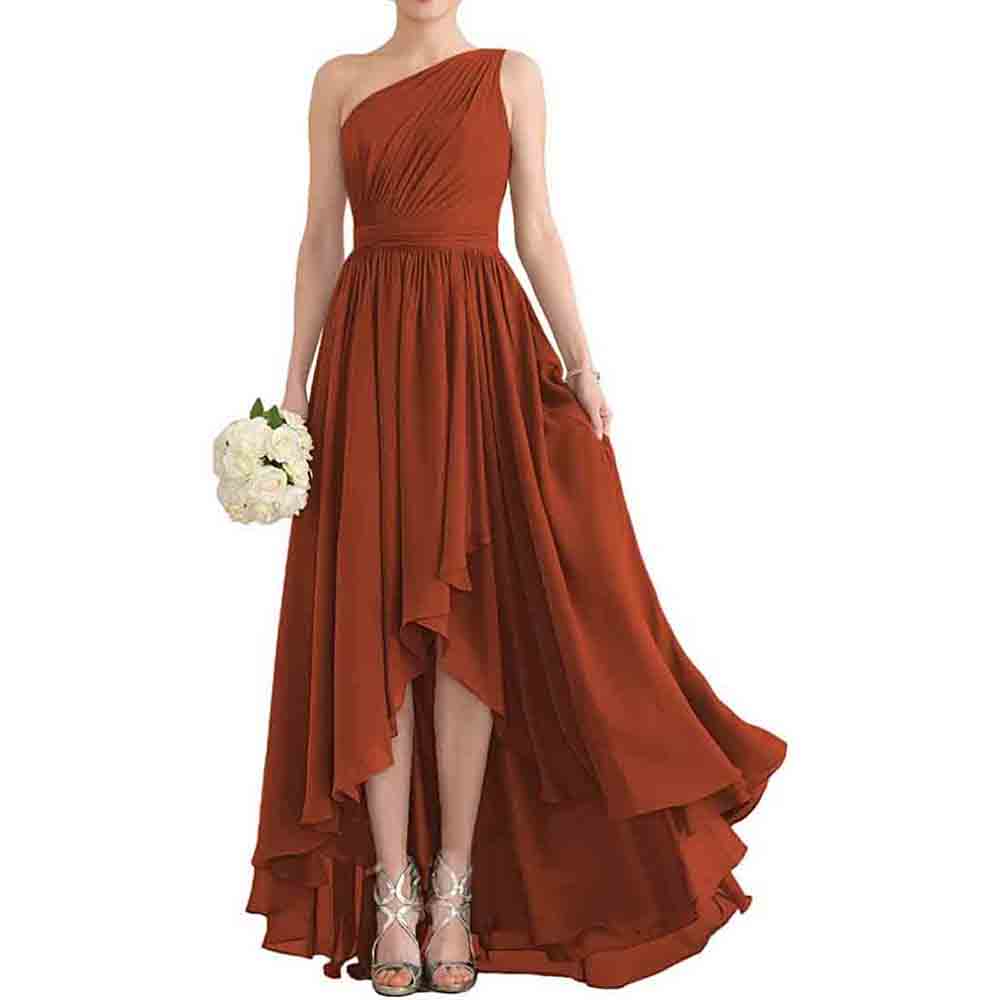 One Shoulder Bridesmaid Dresses High Low Chiffon Evening Formal Gown