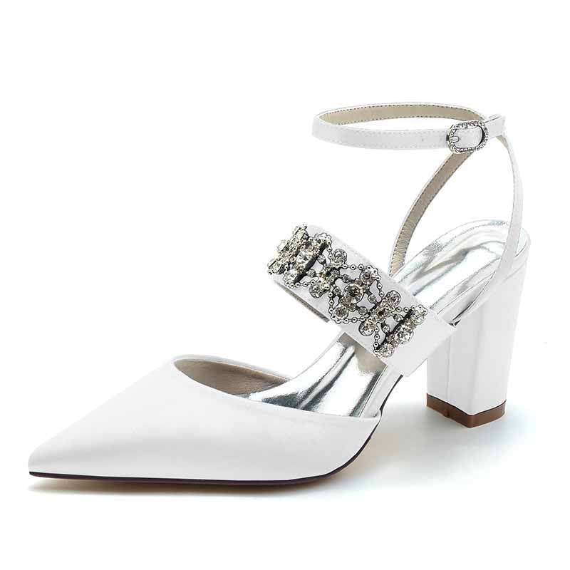 3.35" Satin Wedding Shoes Beaded Ankle Strap Dress Heels