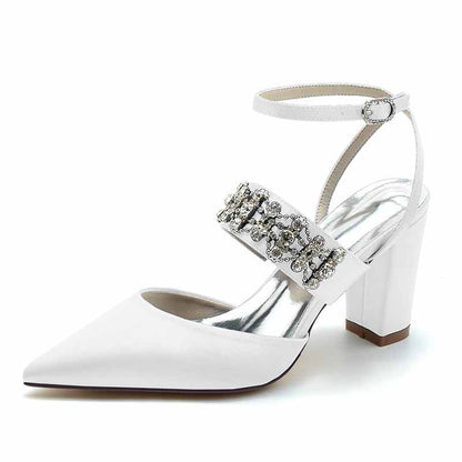 3.35" Satin Wedding Shoes Beaded Ankle Strap Dress Heels