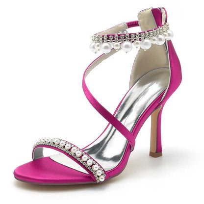 Women Pearls Rhinestones Open Toe Wedding Sandals 3.74" Dress Shoes
