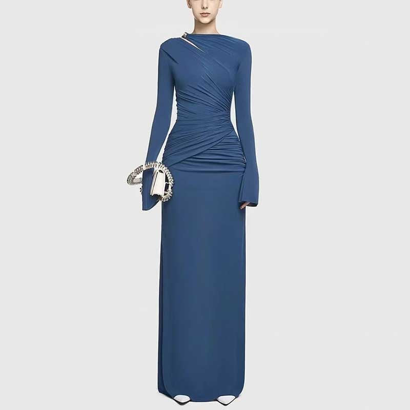Ruched Draped Detail Maxi Dress Long Sleeve Prom Dresses