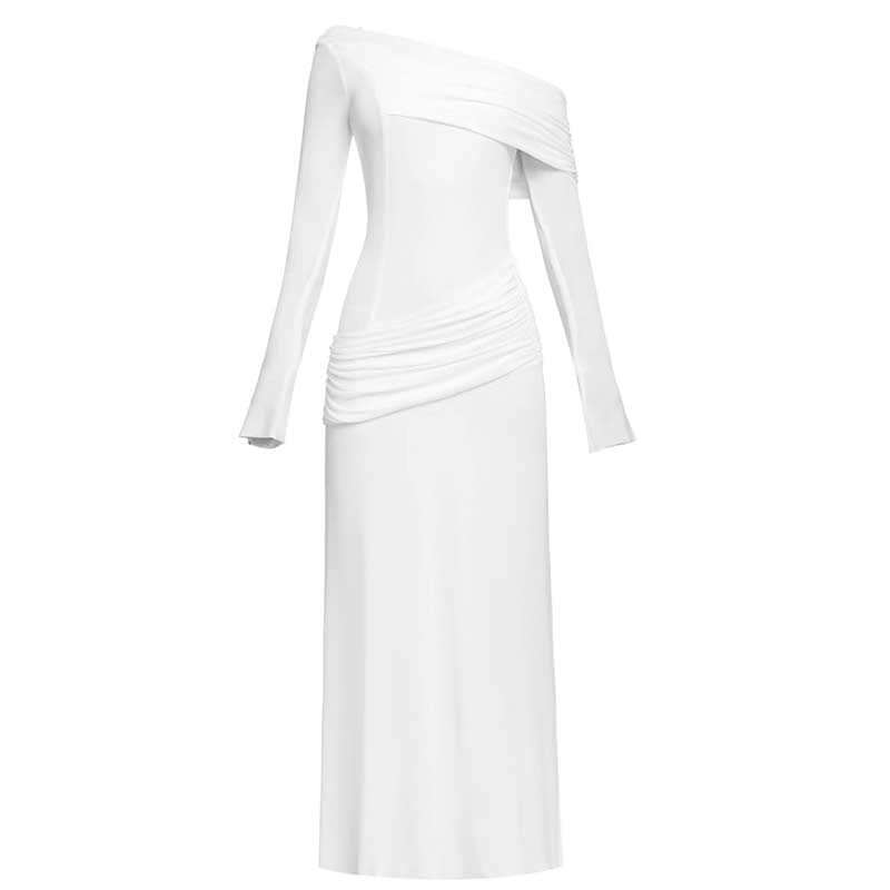 One Shoulder Ruch Maxi Dress With Sleeves for Women in elegant white, featuring long sleeves and ruch detail.