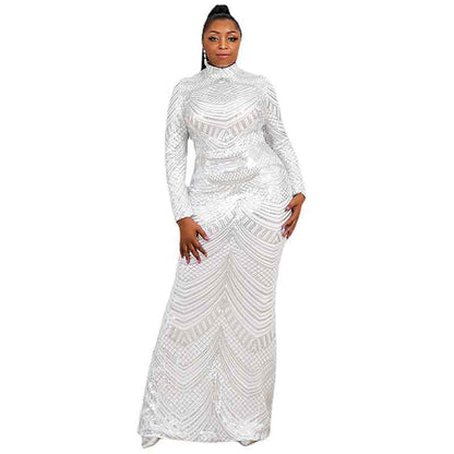 Women Plus Size Long Sleeve Sequin Gown Female Maxi Elegant Dress