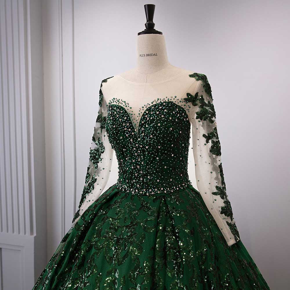 Long Sleeve Emerald Green Sequin Gala Ball Gown Sparkling Dresses