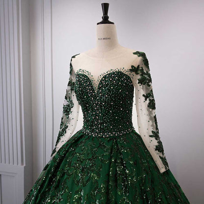 Long Sleeve Emerald Green Sequin Gala Ball Gown Sparkling Dresses