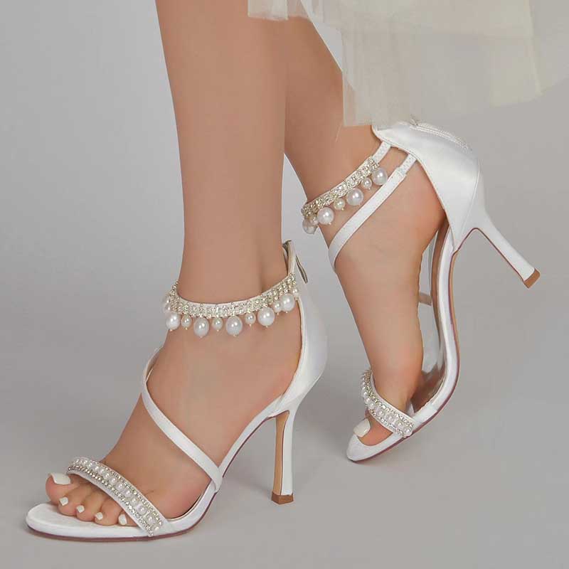 Women Pearls Rhinestones Open Toe Wedding Sandals 3.74" Dress Shoes