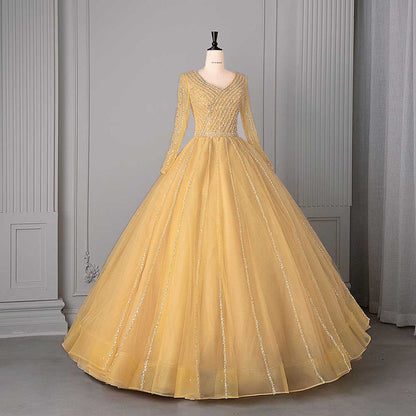 Long Sleeve Beaded Ball Gown V-Neck Formal Gowns