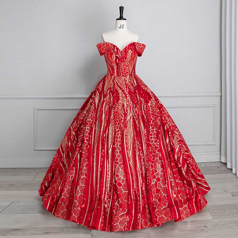 Luxurious Red Ball Gown Prom Dress Off-The-Shoulder Plus Size