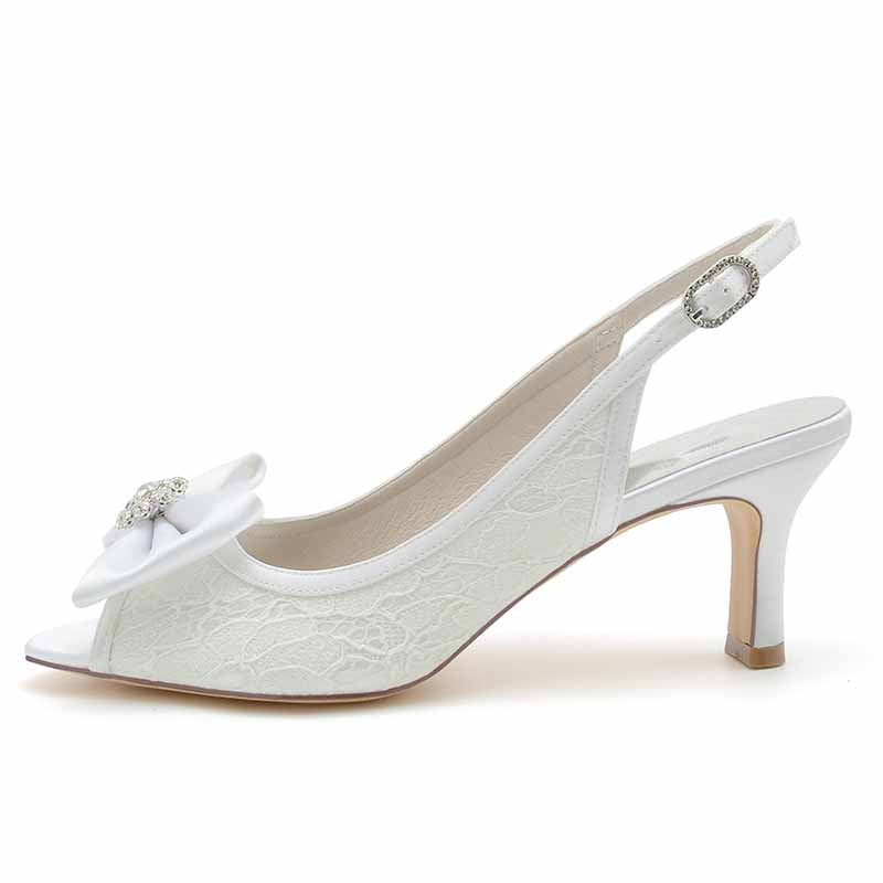 Bow Detail Lace Wedding Shoes 2.56" Slingback Kitten Heels