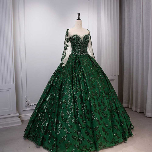 Long Sleeve Emerald Green Sequin Gala Ball Gown Sparkling Dresses