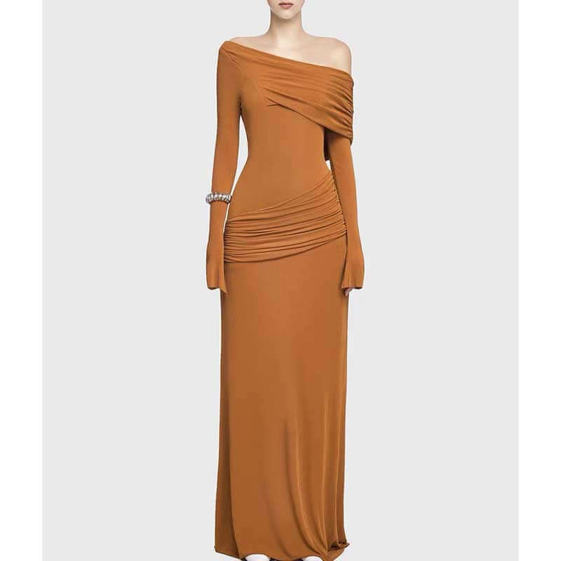 One Shoulder Ruch Maxi Dress With Sleeves for Women in an elegant brown color, perfect for formal occasions.