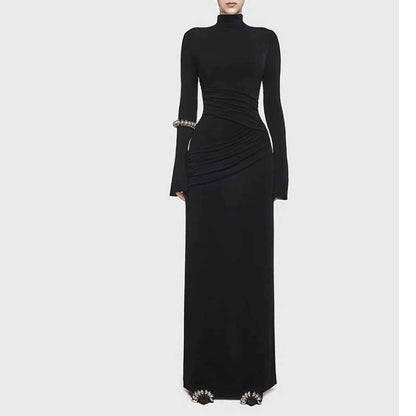 Ruch Bodycon Long Sleeve Maxi Dress Long Evening Dresses in black with long sleeves and ruch embellishment.