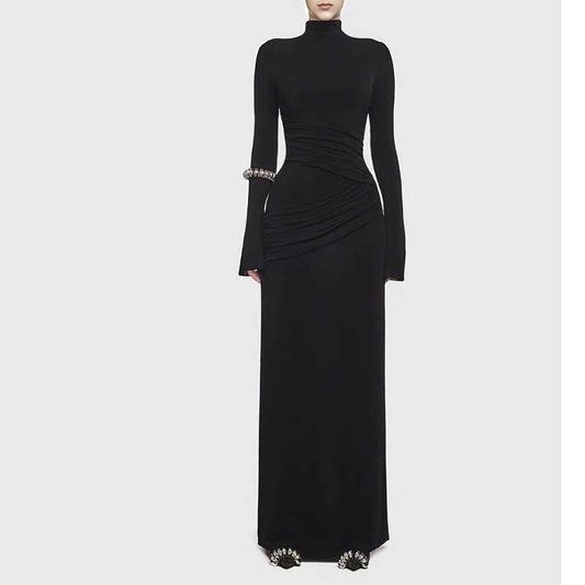 Ruch Bodycon Long Sleeve Maxi Dress Long Evening Dresses in black with long sleeves and ruch embellishment.