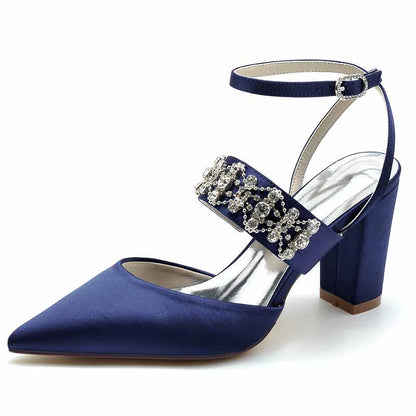 3.35" Satin Wedding Shoes Beaded Ankle Strap Dress Heels