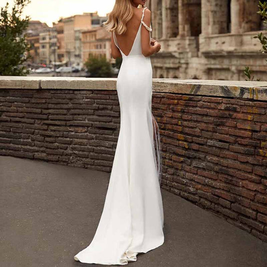 V-Neck Satin Wedding Dress Pearl Spaghetti Straps Slit Bridal Dress