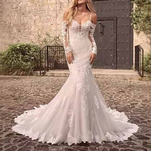 Appliques Lace Bride Dress Long Sleeves Off Shoulder Mermaid Wedding Dress