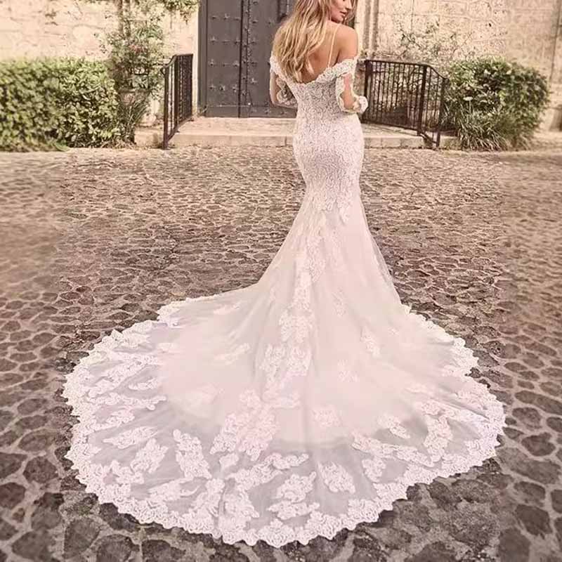 Appliques Lace Bride Dress Long Sleeves Off Shoulder Mermaid Wedding Dress