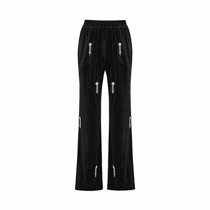 Women's Velvet Pantsuit with Lace-Up and Pearls | Straight Leg