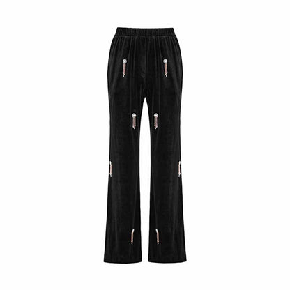 Women's Velvet Pantsuit with Lace-Up and Pearls | Straight Leg