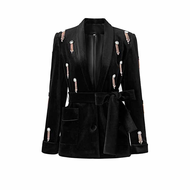 Women's Velvet Pantsuit with Lace-Up and Pearls | Straight Leg