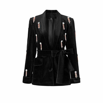 Women's Velvet Pantsuit with Lace-Up and Pearls | Straight Leg