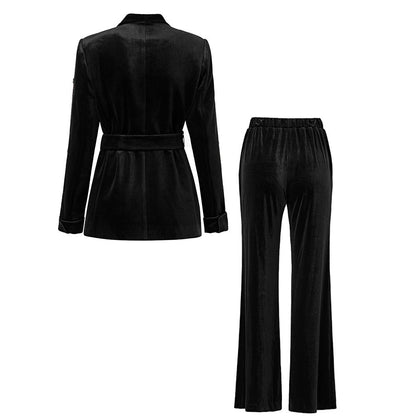 Women's Velvet Pantsuit with Lace-Up and Pearls | Straight Leg
