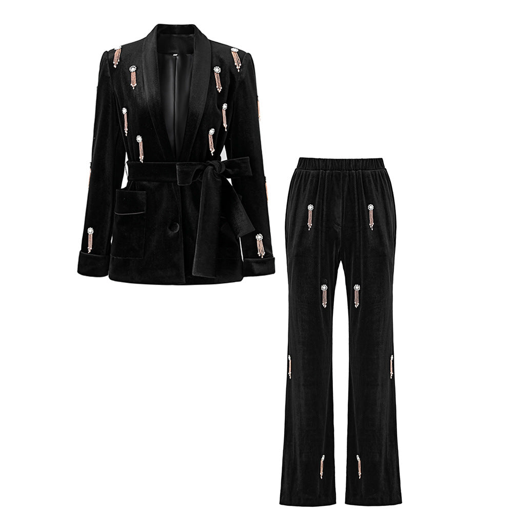 Women's Velvet Pantsuit with Lace-Up and Pearls | Straight Leg