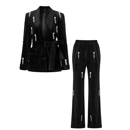 Women's Velvet Pantsuit with Lace-Up and Pearls | Straight Leg