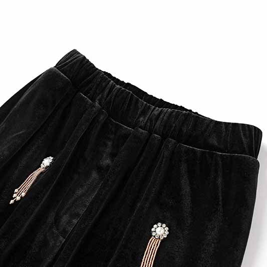 Women's Velvet Pantsuit with Lace-Up and Pearls | Straight Leg