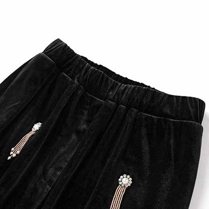 Women's Velvet Pantsuit with Lace-Up and Pearls | Straight Leg