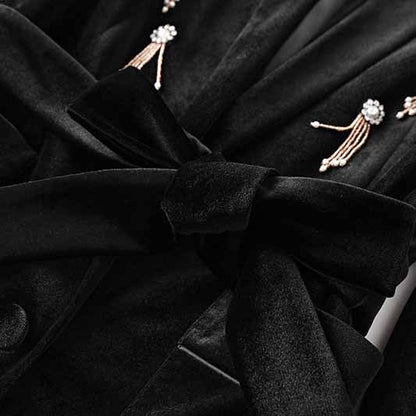 Women's Velvet Pantsuit with Lace-Up and Pearls | Straight Leg