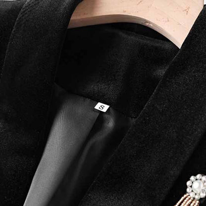 Women's Velvet Pantsuit with Lace-Up and Pearls | Straight Leg