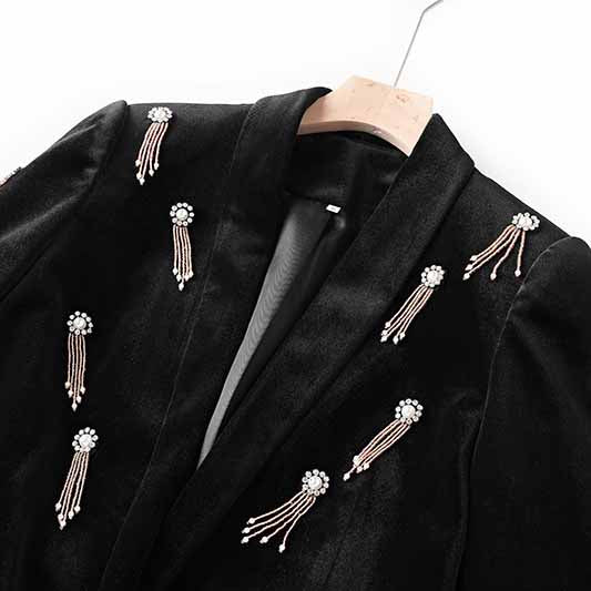 Women's Velvet Pantsuit with Lace-Up and Pearls | Straight Leg