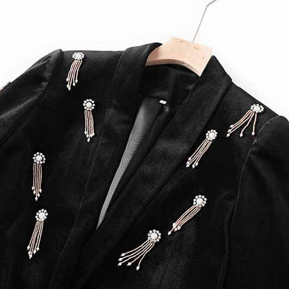 Women's Velvet Pantsuit with Lace-Up and Pearls | Straight Leg