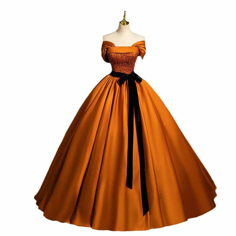 Off Shoulder Court Ball Gown Lace-Up Prom Dress Orange