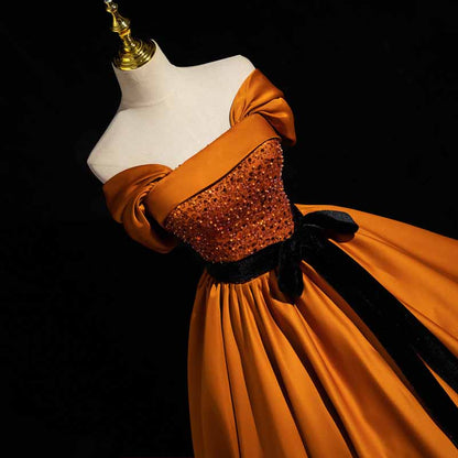 Off Shoulder Court Ball Gown Lace-Up Prom Dress Orange