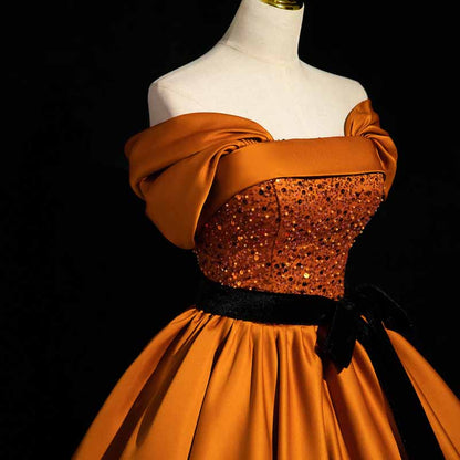 Off Shoulder Court Ball Gown Lace-Up Prom Dress Orange
