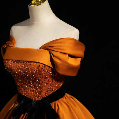 Off Shoulder Court Ball Gown Lace-Up Prom Dress Orange