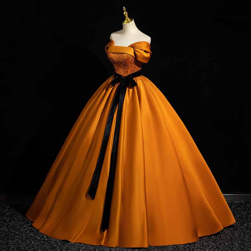 Off Shoulder Court Ball Gown Lace-Up Prom Dress Orange
