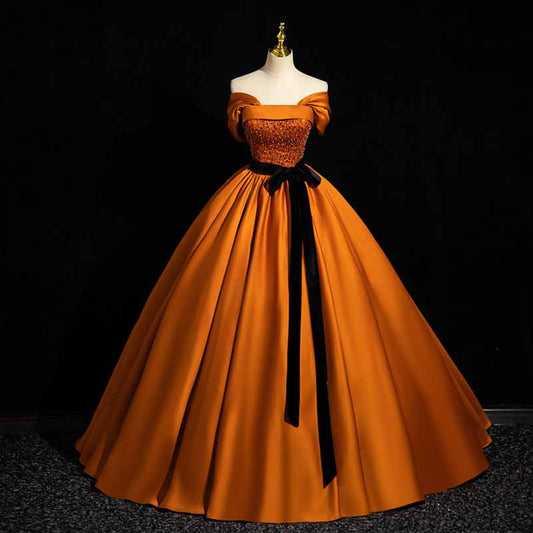 Off Shoulder Court Ball Gown Lace-Up Prom Dress Orange
